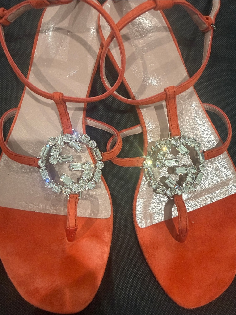 Gucci Orange Suede Strappy Sandals with Crystal Medallions - Picture 2 of 6